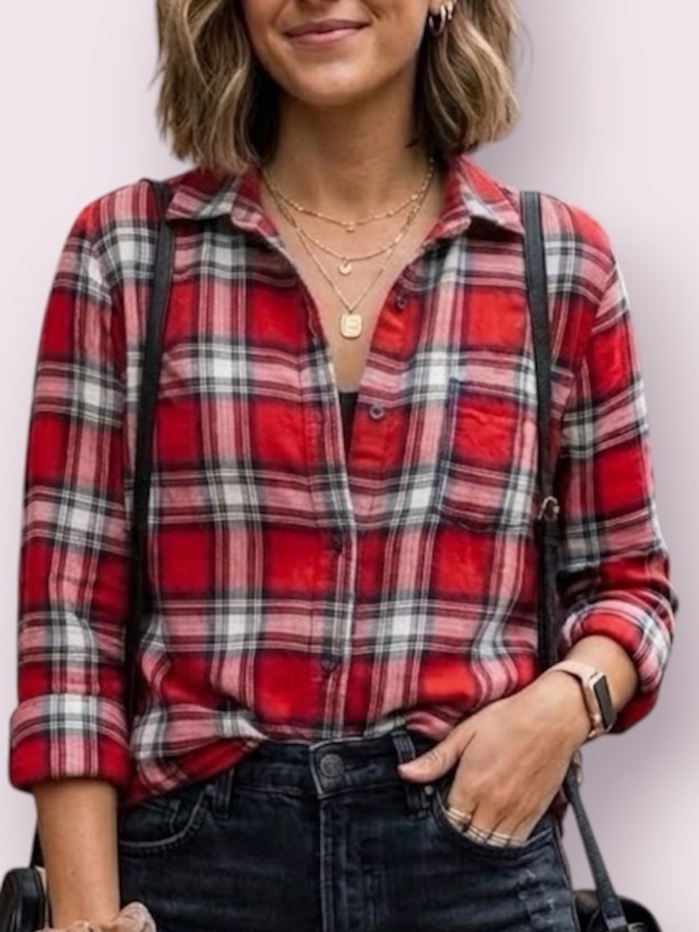 Rails Button Up Red Plaid Top With Denim Chambray Trim Size Small